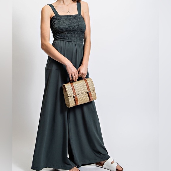 Rae Mode Womens Gray Smocked Top Wide Leg Sleeveless Casual Jumpsuit Size Medium - Picture 2 of 8